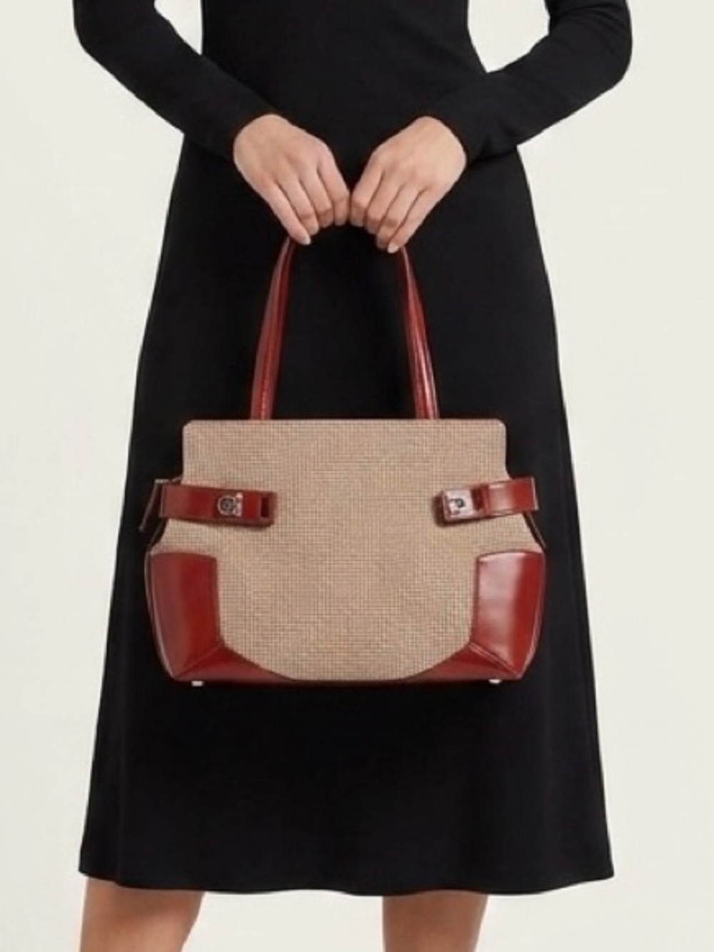 Salvatore Ferragamo Gancini Handbag Canvas Beige Red authentic with paper